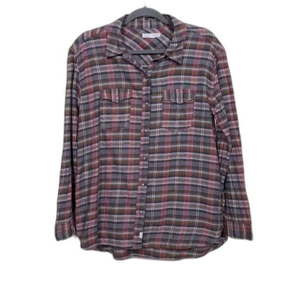 Melrose & Market Plaid Long Sleeve Button Down Blouse Womens Size M Brown Tan - Picture 1 of 9